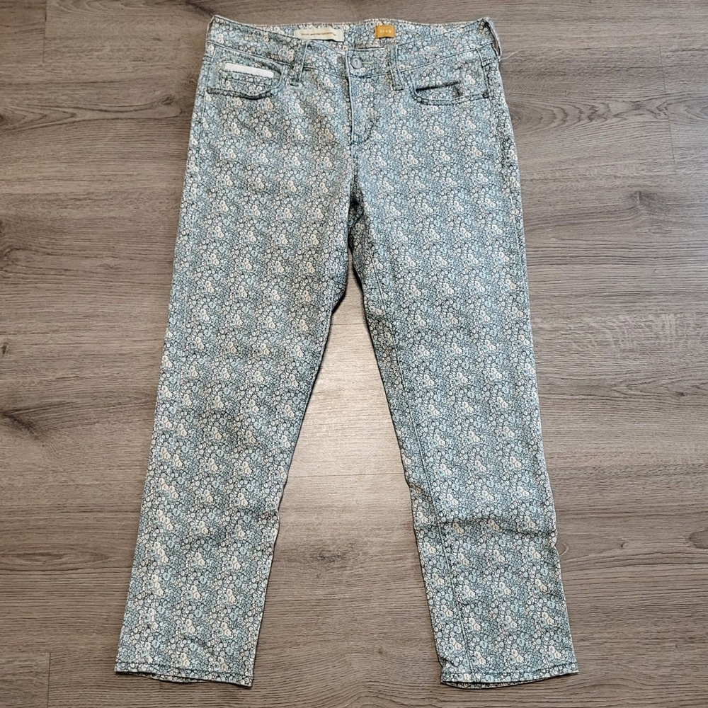 Pilcro Anthropologie Stet Slim Straight Floral Jeans Blue White Size 29 Cottage